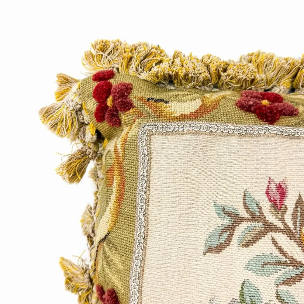 Vintage 18” Aubusson Floral Petit Point Needlepoint Beaded Tassel Throw Pillow